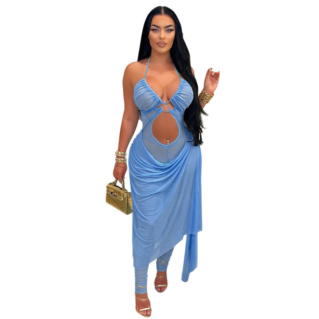 Blue Mesh Halter See Through Hollow Out Party Sexy Jumpsuits