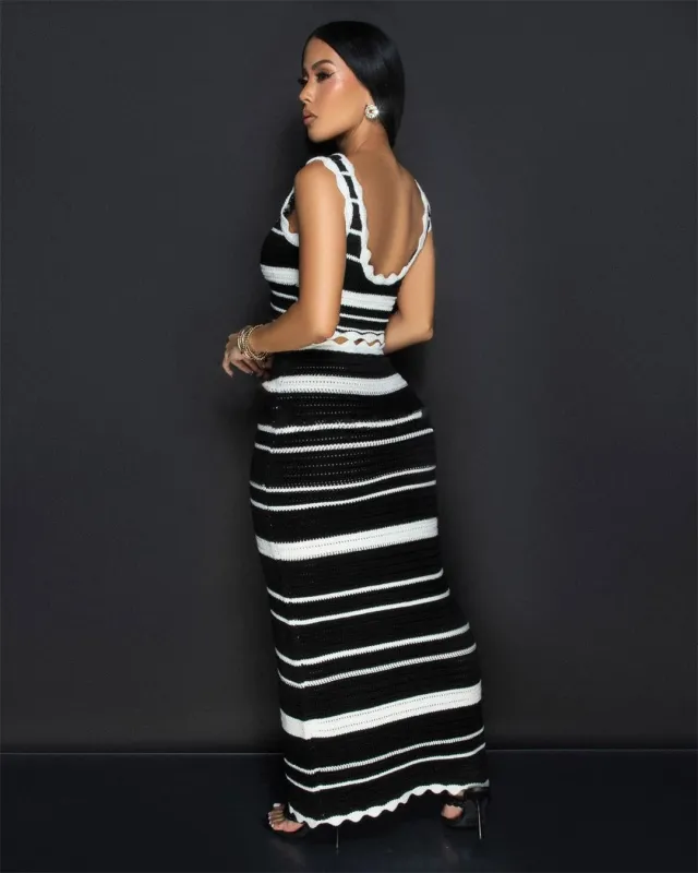 Black Sleeveless Knitting Tank Top Striped Two Pieces Casual Skirt Set Dress
