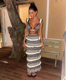 White Halter V Neck Ruffles Bra Crop Top Knitting Casual Long Midi Dress Suits