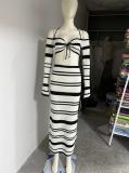 White Long Sleeve Strapless Top Striped Knitting Bodycon Prom Party Midi Dress