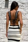 White Sleeveless Knitting Crop Top Striped Two Pieces Pleated Skirt Set Dress