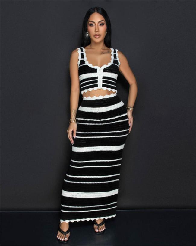Black Sleeveless Knitting Tank Top Striped Two Pieces Casual Skirt Set Dress