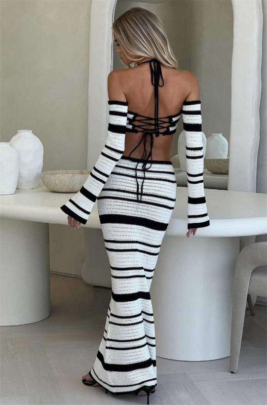 White Long Sleeve Strapless Top Striped Knitting Bodycon Prom Party Midi Dress