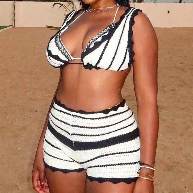 White Knitting Bikini Top Striped Two Pieces Club Party Short Sets