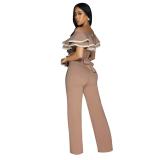 Khaki Off Shoulder Ruffles Pleated Party Casual Prom Jumpsuit Dress