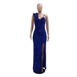 Blue Strapless V Neck Sequins Elegant Slit Prom Maxi Dress