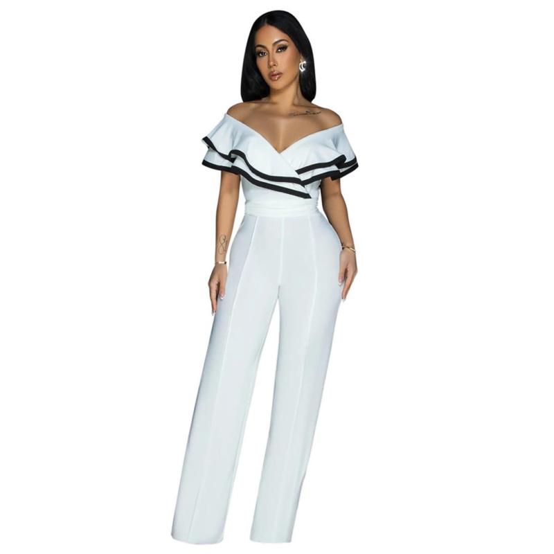 White Off Shoulder Ruffles Pleated Party Casual Prom Jumpsuit Dress
