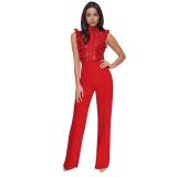 Red Lace Sleeveless Hollow Out Sexy Mesh Pleated Women Jumpsuit