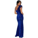 Blue Strapless V Neck Sequins Elegant Slit Prom Maxi Dress
