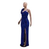 Blue Strapless V Neck Sequins Elegant Slit Prom Maxi Dress