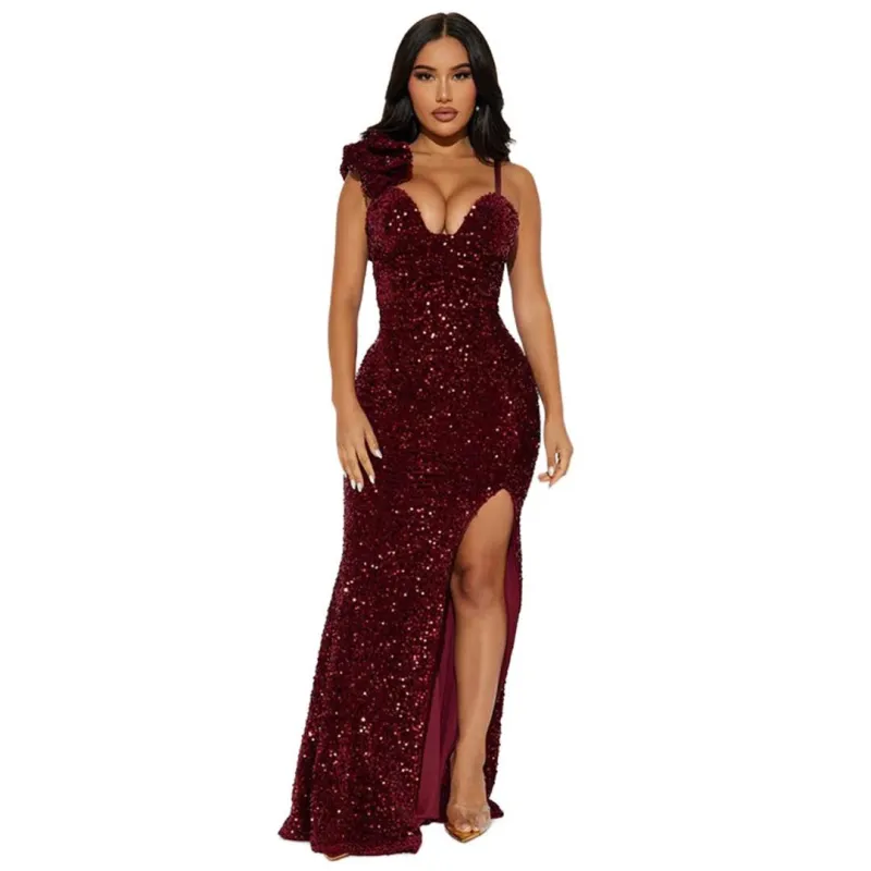 Claret Strapless V Neck Sequins Elegant Slit Prom Maxi Dress