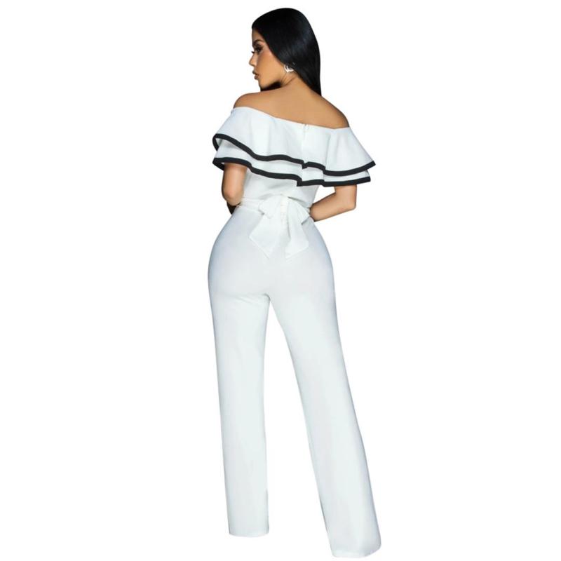 White Off Shoulder Ruffles Pleated Party Casual Prom Jumpsuit Dress