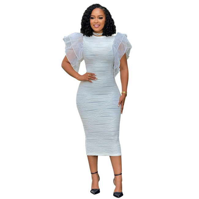 White Ruffles Sleeve Mesh Pleated Women Party Prom Midi Dress