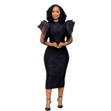 Black Ruffles Sleeve Mesh Pleated Women Party Prom Midi Dress