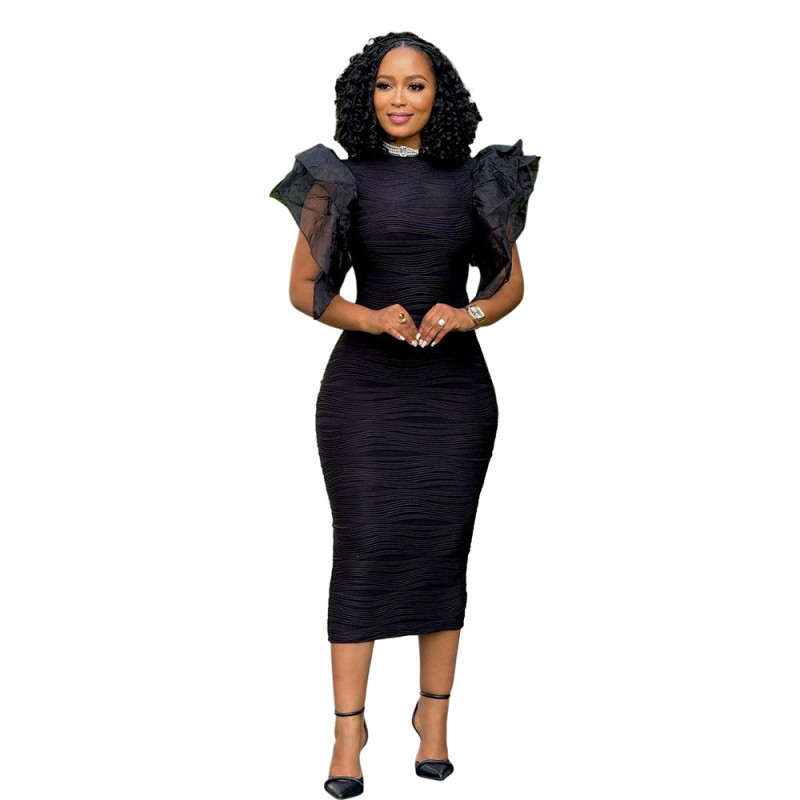 Black Ruffles Sleeve Mesh Pleated Women Party Prom Midi Dress
