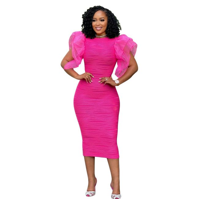 Rose Red Ruffles Sleeve Mesh Pleated Women Party Prom Midi Dress