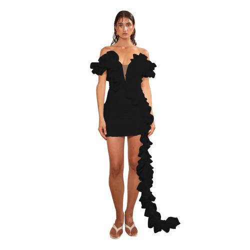 Black Off Shoulder V Neck Mesh Pleated Tassels Club Mini Dress
