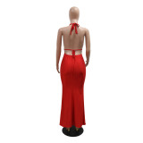 Red Deep V Neck Sequins Mesh Backless See Through Midi Dress