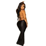 Black Deep V Neck Sequins Mesh Backless See Through Midi Dress