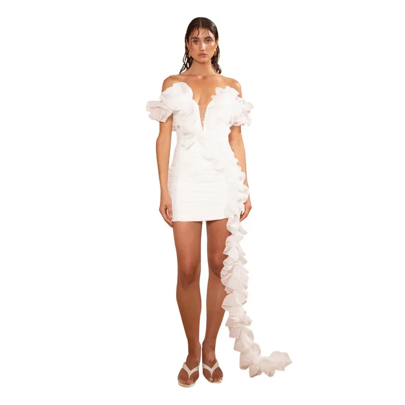 White Off Shoulder V Neck Mesh Pleated Tassels Club Mini Dress