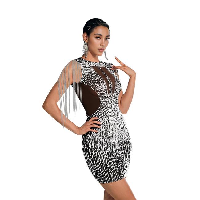 Black Sleeveless Tassels Shoulder Diamonds Sexy Pleated Mini Dress