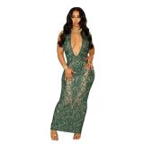 Green Deep V Neck Sequins Mesh Backless See Through Midi Dress