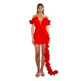 Red Off Shoulder V Neck Mesh Pleated Tassels Club Mini Dress