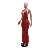 Red Deep V Neck Sequins Mesh Backless See Through Midi Dress