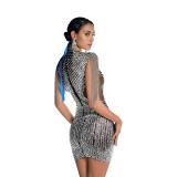 Black Sleeveless Tassels Shoulder Diamonds Sexy Pleated Mini Dress