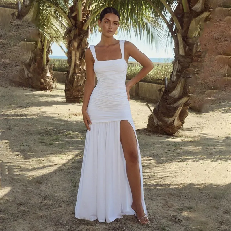 White Strapless Chiffon Fashion Women Summer Long Dress