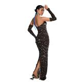Black Off Shoulder Strapless Mesh Diamonds See Through Elegant Maxi Dress