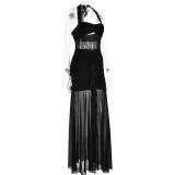 Black Straps Low Cut Mesh See Through Pleated Luxury Maxi Dress