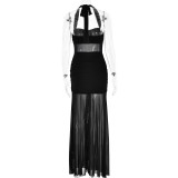 Black Straps Low Cut Mesh See Through Pleated Luxury Maxi Dress