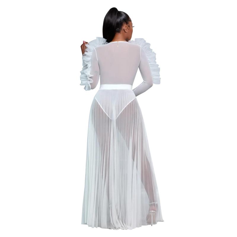 White Mesh Ruffles Long Sleeve V Neck See Through Party Evening Maxi Dress