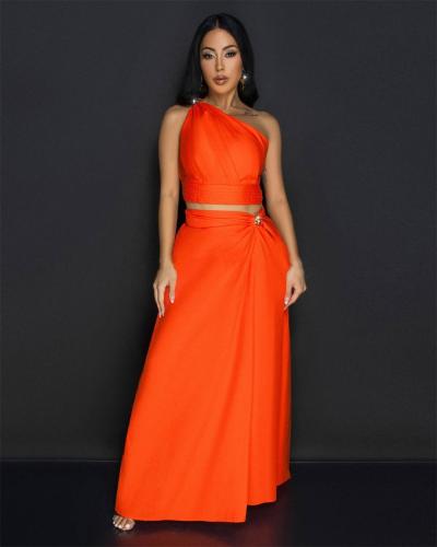 Orange Sloping Shoulders Sexy Crop Top Pleated Fashion Women Skirt Sets
