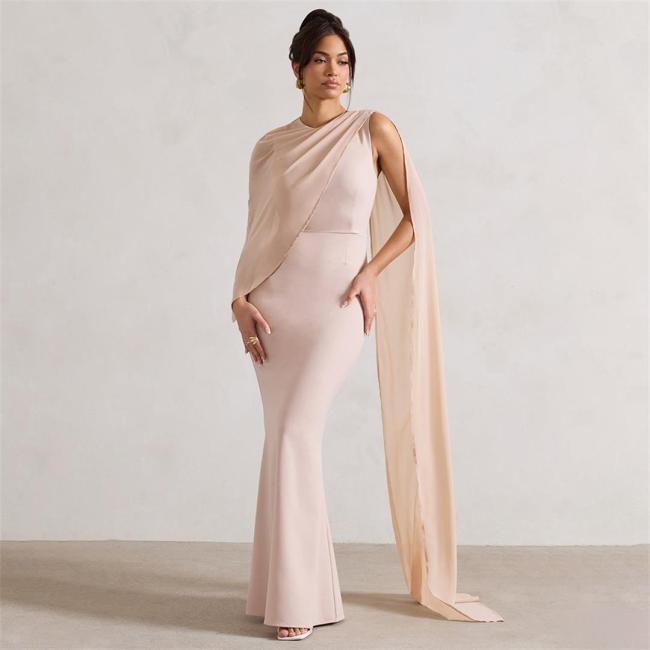 Beige Sleeveless Chiffon Shawl Satin Bodycon Women Prom Long Dress