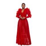 Red Mesh Ruffles Long Sleeve V Neck See Through Party Evening Maxi Dress
