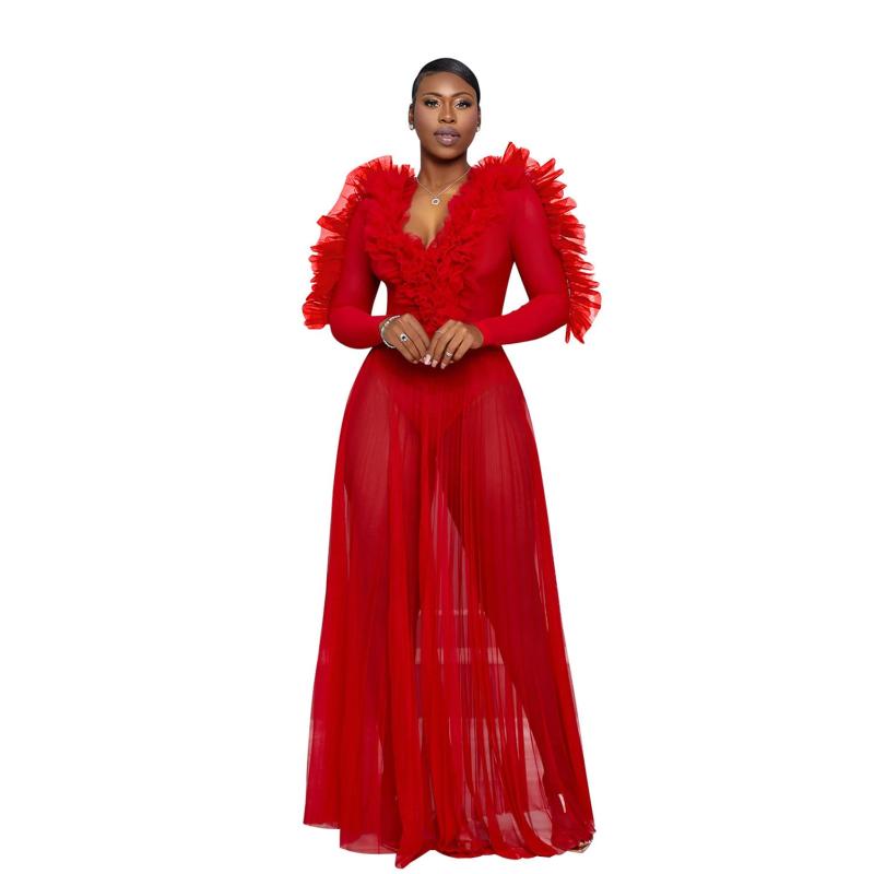 Red Mesh Ruffles Long Sleeve V Neck See Through Party Evening Maxi Dress