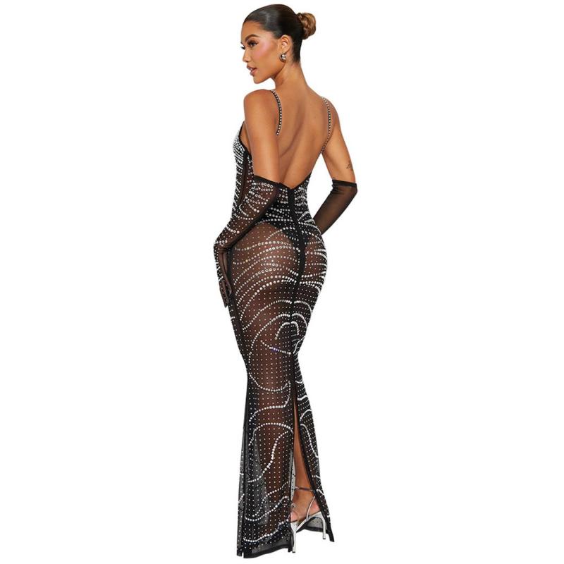 Black Luxury Strapless V Neck Mesh See Through Diamonds Formal Maxi Dress