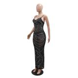 Black Luxury Strapless V Neck Mesh See Through Diamonds Formal Maxi Dress