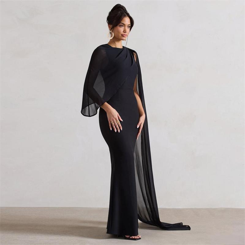 Black Sleeveless Chiffon Shawl Satin Bodycon Women Prom Long Dress