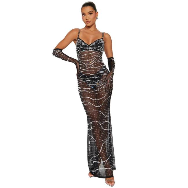 Black Luxury Strapless V Neck Mesh See Through Diamonds Formal Maxi Dress