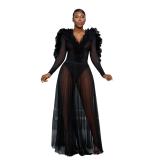 Black Mesh Ruffles Long Sleeve V Neck See Through Party Evening Maxi Dress