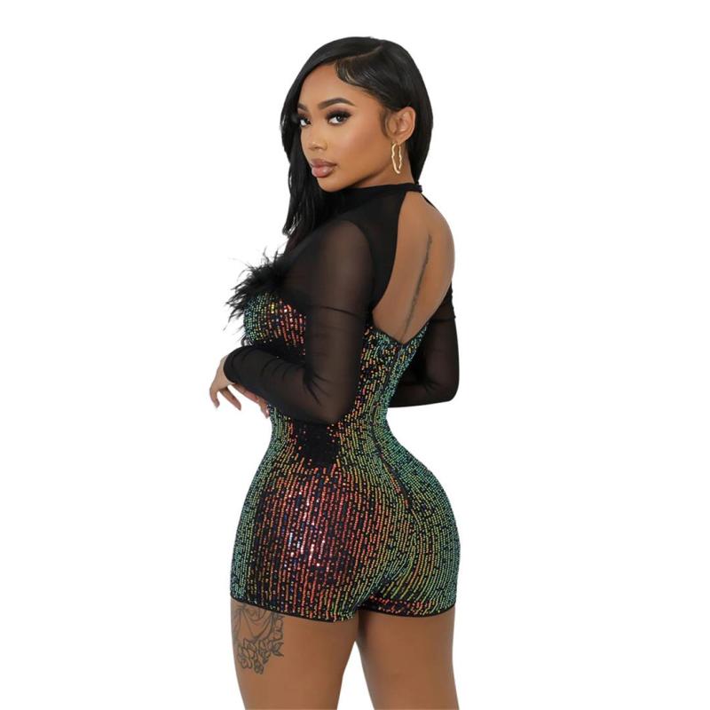 Black Mesh Long Sleeve Sexy Sequined Bodycon Rompers