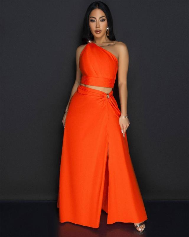 Orange Sloping Shoulders Sexy Crop Top Pleated Fashion Women Skirt Sets