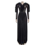 Black Mesh Ruffles Long Sleeve V Neck See Through Party Evening Maxi Dress