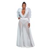 White Mesh Ruffles Long Sleeve V Neck See Through Party Evening Maxi Dress