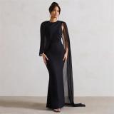 Black Sleeveless Chiffon Shawl Satin Bodycon Women Prom Long Dress