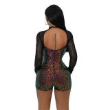 Black Mesh Long Sleeve Sexy Sequined Bodycon Rompers
