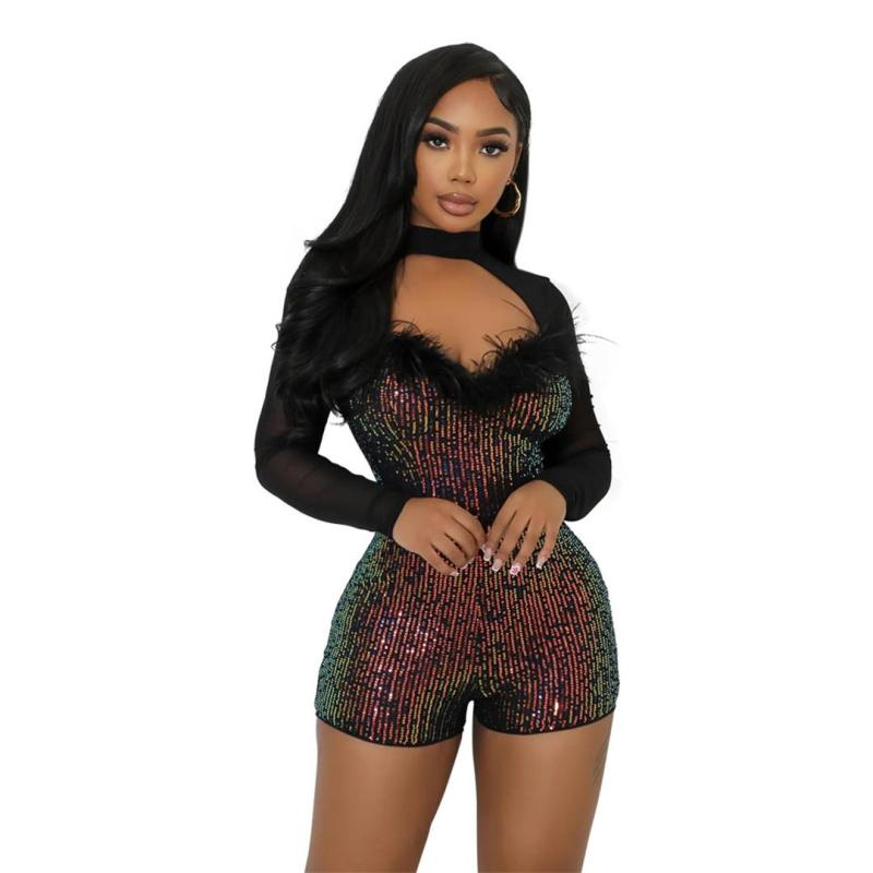Black Mesh Long Sleeve Sexy Sequined Bodycon Rompers